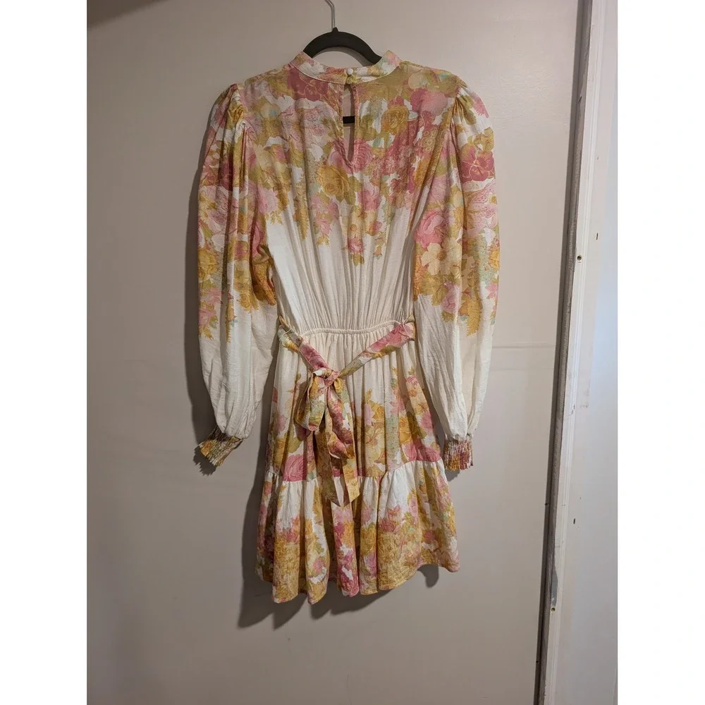 Flying Tomato Mini Dress Womens Small Yellow Floral Long Sleeve Pleated Tiered